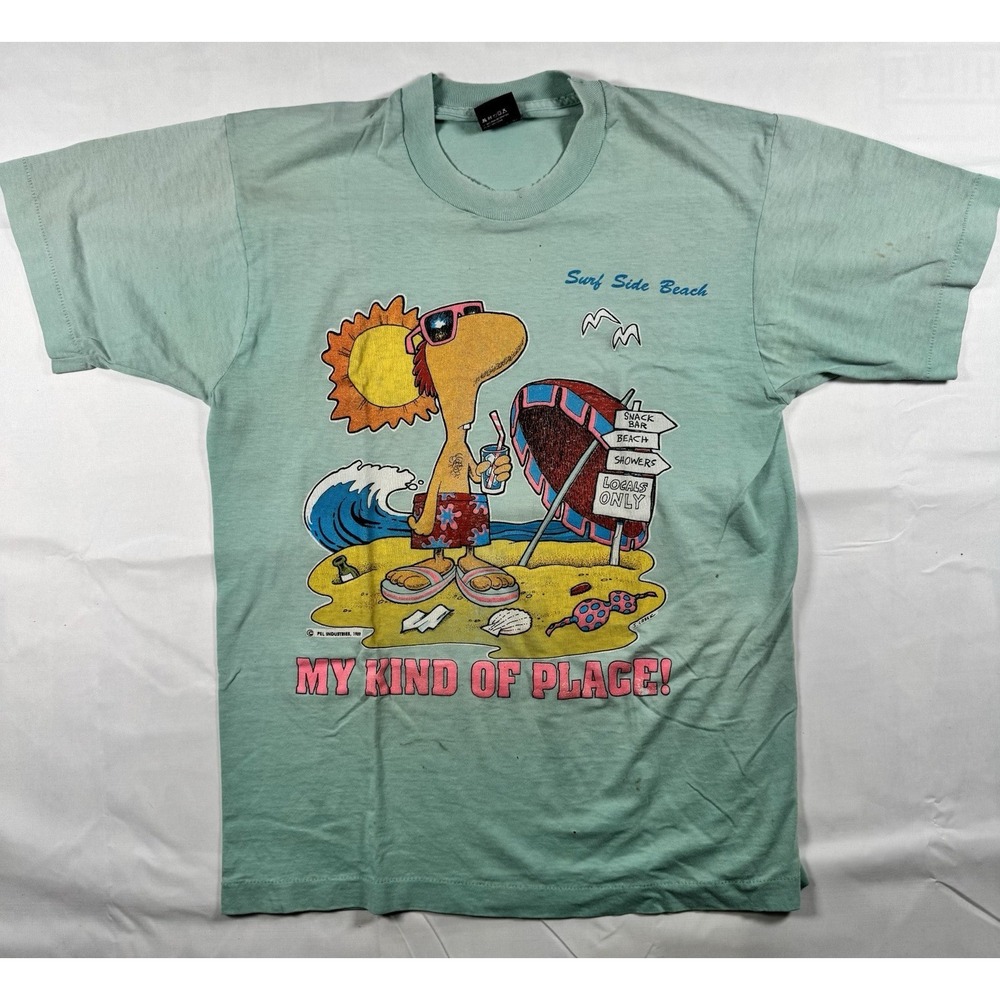 Vintage 1989 Surf Side Beach Cartoon T-Shirt Mens L Single Stitch Screen Stars